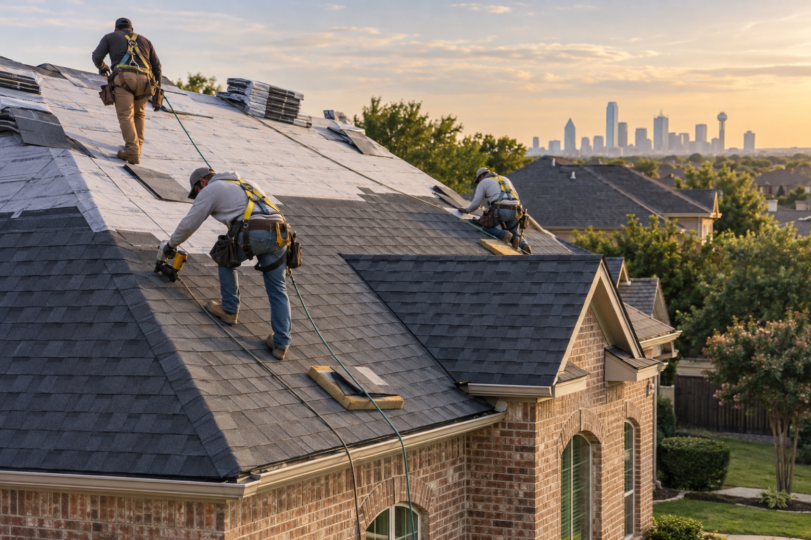 Illustrative roofing crew installing shingles on a North Texas home